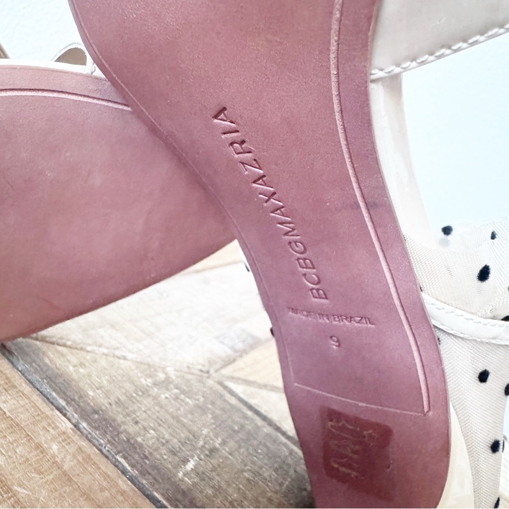 BCBGMaxazria Stella Sandal Cream Ruffle Polka Dot Heels - Picture 13 of 14